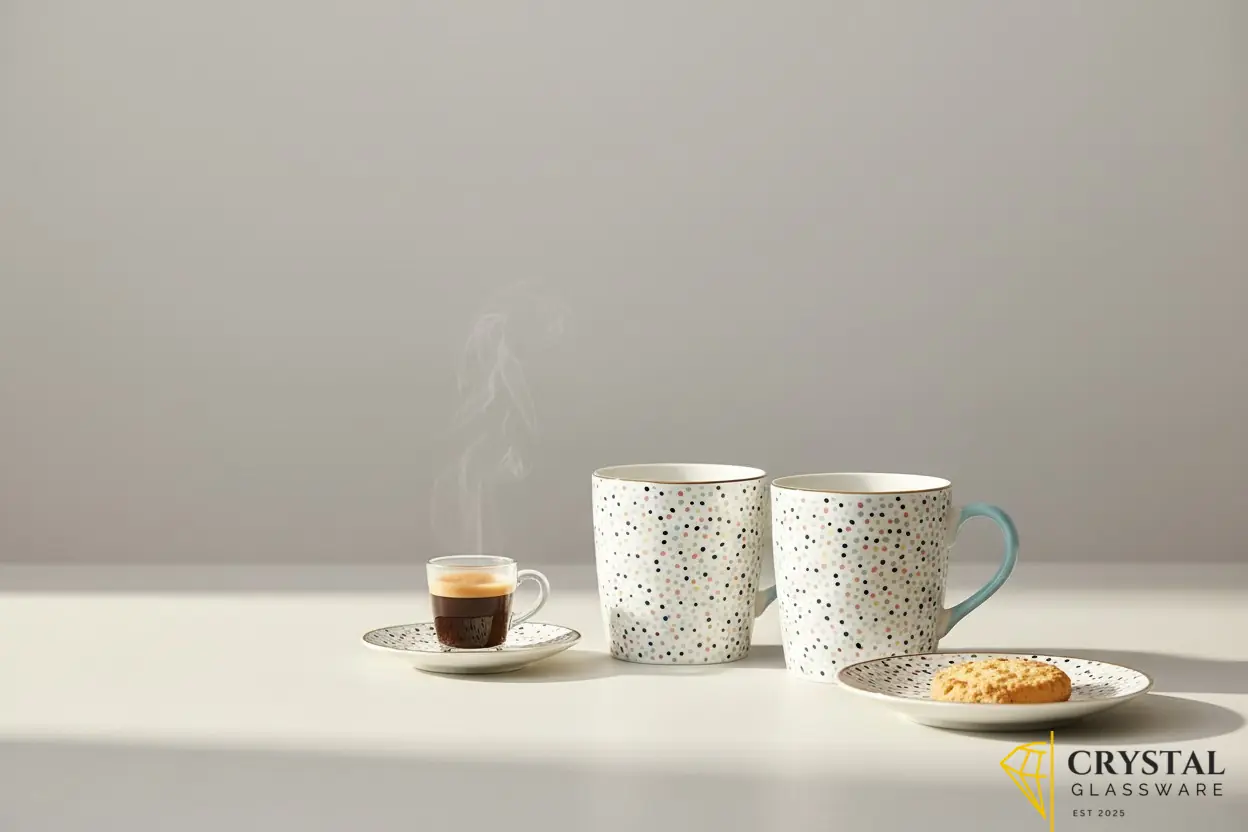 Danny Home Porcelain Mugs 2-Piece Gift Set featuring a playful multicolored speckled dot pattern and pastel handles